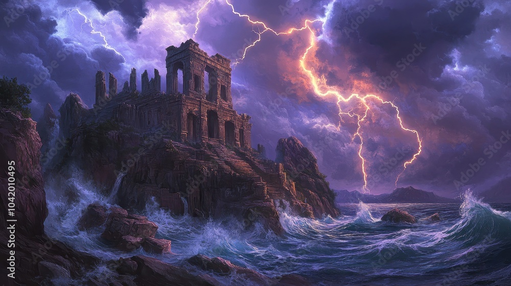 Poster Temple perched on a cliff surrounded by dark clouds lightning flashing and seas raging below