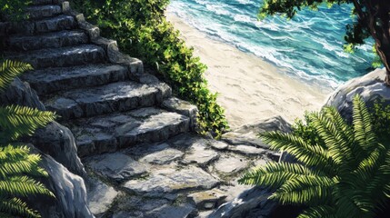 Obraz premium Weathered stone steps to a beach bright green ferns and sunlight bringing out textures
