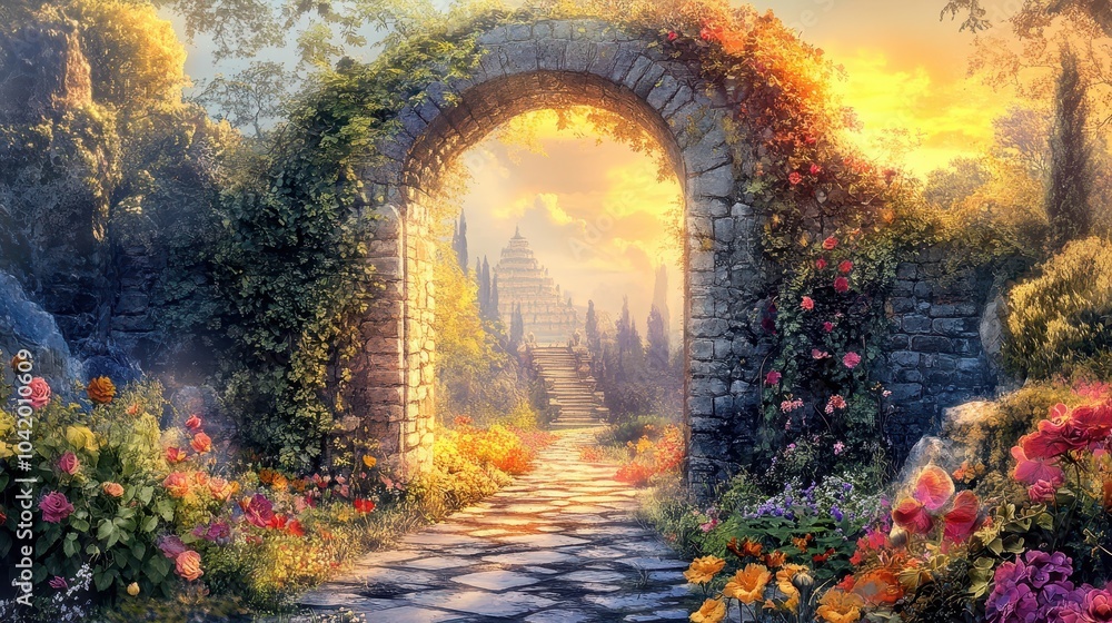 Sticker Stone archway covered in vines and flowers leading to a temple bathed in golden sunlight