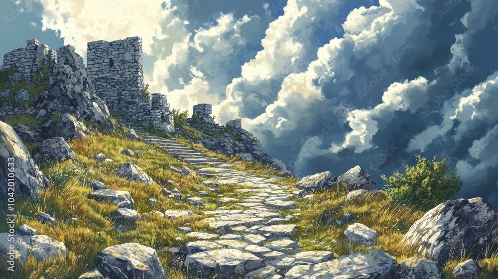 Sticker Rugged trail with wild grasses and rocks leading to temple ruins dramatic clouds above