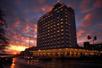 Magnificent hotel building with glowing windows at dusk under a vibrant sky, capturing the essence of urban architecture and evening ambiance