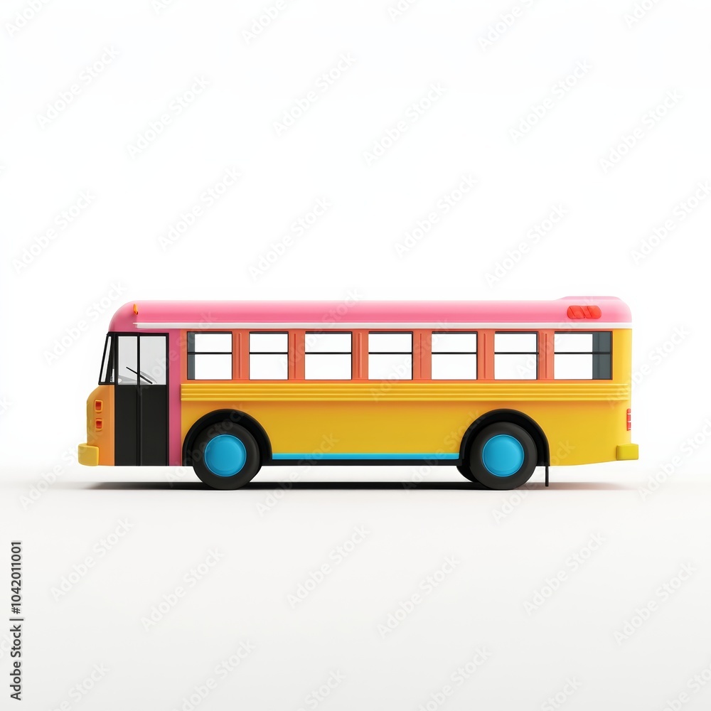 Poster minimalist 3d rendering of a school bus, featuring bright colors and a simple design, isolated again