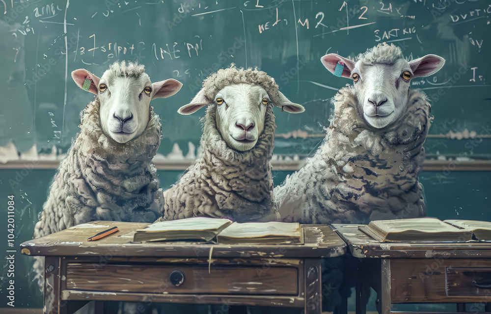 Poster three sheep are sitting at a desk with books in front of them. the sheep are looking at the camera a