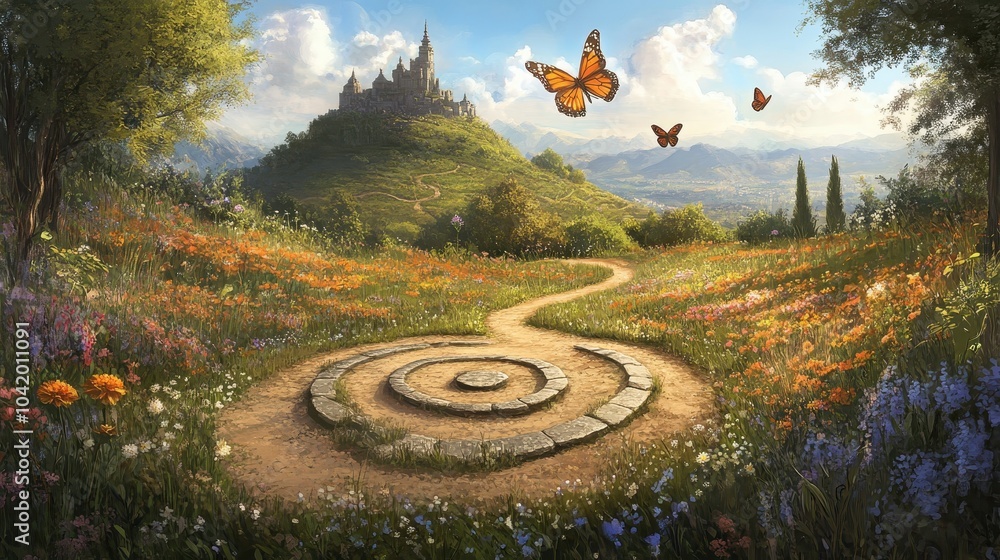 Canvas Prints Sacred stone circle with dirt path leading to hilltop temple butterflies fluttering in warm sunlight