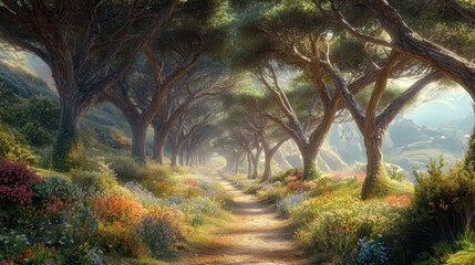 Naklejka premium Path beneath cypress tree canopy leading through wild grasses and flowers to temple in morning fog