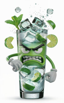 Angry Food Photography: Furious Mojito Mascot , Graphic Design Food Object With Expressive Faces
