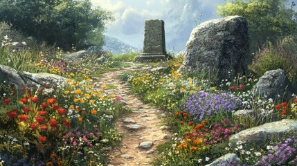 Winding trail through herbs and wildflowers altar surrounded by stones and dew-lit sunlight