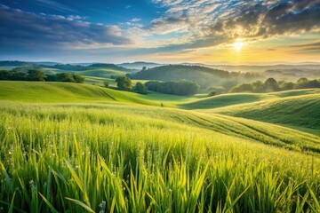 Fototapeta premium Wide-angle view of dewy grass in rolling hills of Kentucky