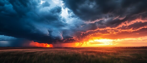 Dramatic Sunset Over Stormy Sky and Fields