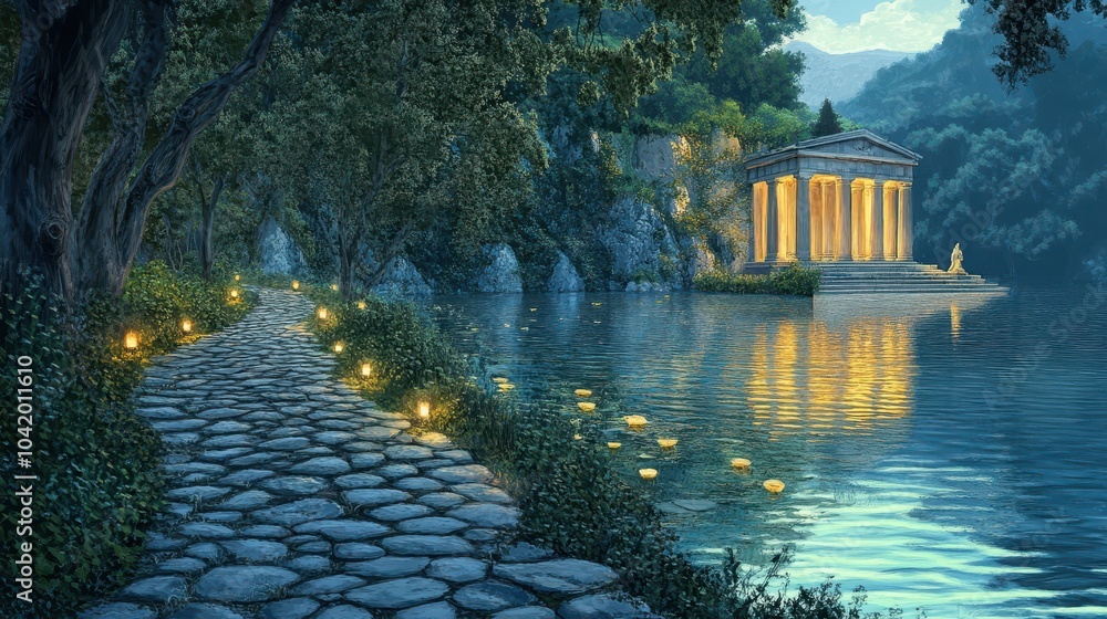 Sticker Riverside with cobblestone path to secluded Greek temple water reflecting twilight colors and soft landscape hues