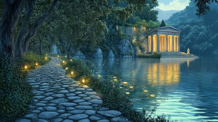 Riverside with cobblestone path to secluded Greek temple water reflecting twilight colors and soft landscape hues