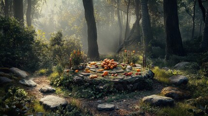 Mystical forest altar with stones and offerings of fruits bathed in soft morning light