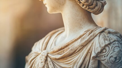 Close-up of a statue&rsquo;s shoulder and fabric cape softly lit with natural light for a warm glow