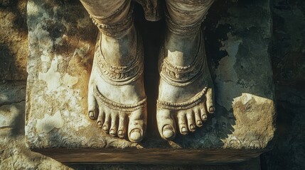 Detailed sandals on statue’s feet with natural light casting soft shadows on stone background
