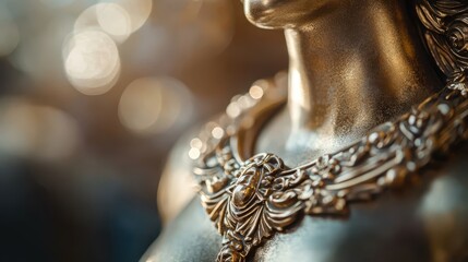 Fototapeta premium A close-up of an ornate necklace on a statue showing detailed engravings and soft focus background