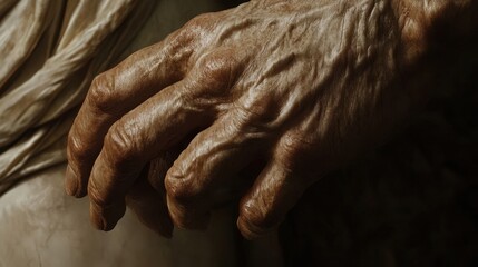 Focused shot of a Greek god’s fingers showing delicate positioning and fine nail details