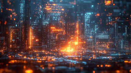 Fototapeta premium Close-up view of a microchip being produced, with intricate circuitry and glowing power lines, rendered in 3D to highlight the advanced technology and light of power involved