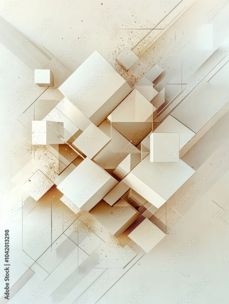 Poster Cubes of different sizes and shades are connected by diagonal lines, creating an engaging abstract design on a light background. Generative AI