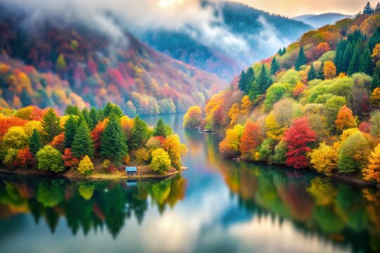 Serene Autumn Landscape of Lake Grza Surrounded by Colorful Forests in Serbia on a Foggy Day