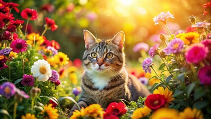 Serene Cat Among Flowers: Captivating Documentary Photography of Feline Beauty in Nature