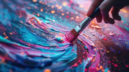 Obraz premium Creative Digital Innovation: Paintbrush Dips Into Neon Palette for Dynamic Artwork Design