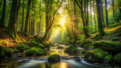 Fototapeta premium Serene Forest Scene with Golden Sunlight and Gentle Stream for Nature Lovers and Relaxation