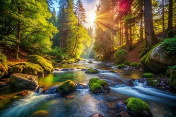 Obraz premium Serene Forest River Flowing Between Rocks - Nature's Tranquility and Beauty