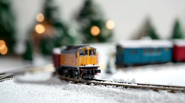 Toy Train in a Winter Wonderland: A charming miniature train engine chugs through a snowy landscape, evoking a sense of childhood wonder and the magic of the holiday season.