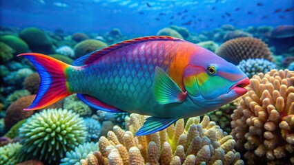 Fototapeta premium Colorful bicolor parrotfish swimming in the Red Sea, Egypt. Low angle view