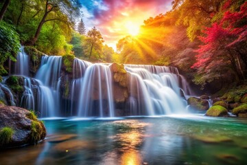 Obraz premium Serene Long Exposure Waterfall in Lush Forest Setting with Bokeh Effect for Nature Lovers