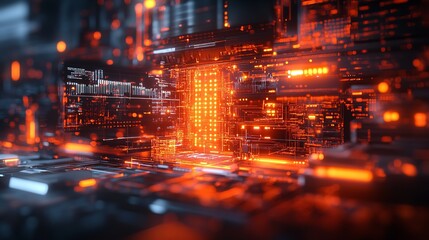 Close-up view of a microchip being produced, with intricate circuitry and glowing power lines, rendered in 3D to highlight the advanced technology and light of power involved