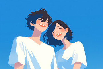 笑顔のカップルと青空, 男女, イラスト