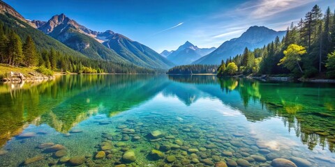 Fototapeta premium description: A beautiful tranquil mountain lake reflecting the surrounding landscape with crystal clear water