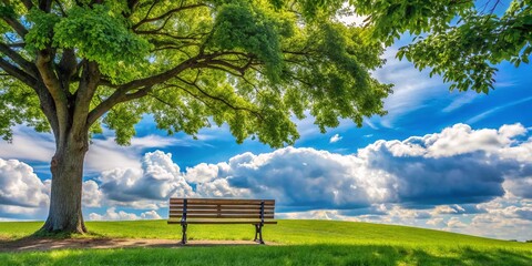 Obraz premium Serene Park Bench Under a Tree with Summer Clouds - Architectural Photography