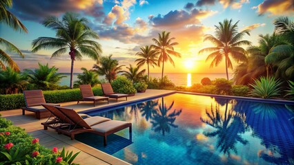 Serene Poolside Oasis with Lush Greenery and Relaxing Atmosphere for Ultimate Summer Escape