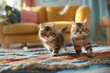 Playful Kittens Chasing Feather Toy in Bright Modern Living Room for Pet Adoption Campaigns