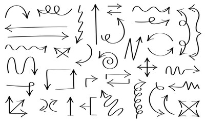 Doodle arrow set isolated on white. Black ink lines. Modern hand drawn stroke. Vector illustration.