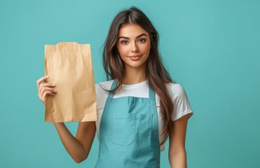 Attractive woman in blue apron holding empty paper bag