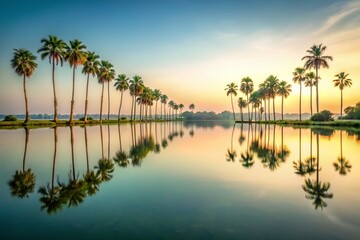 Obraz premium Serene Reflection of Palm Trees on Calm River Water - Minimalist Photography