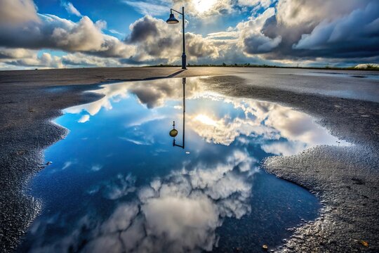 water puddle on asphalt reflecting streetlamp, sky, clouds, blending elements