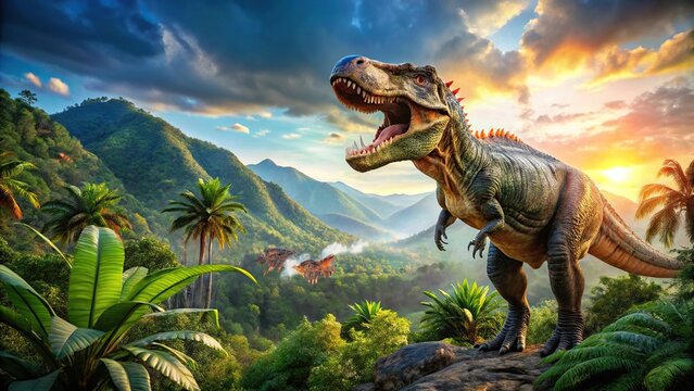 description: A colorful Carcharodontosaurus dinosaur roaming in a lush prehistoric landscape