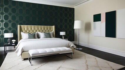 Charming bedroom with artistic wallpaper and cozy modern furnishings