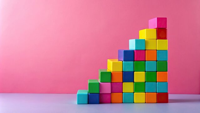 Colorful building blocks stacked high on pink background