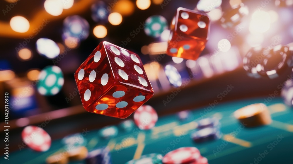 Poster red dice are captured mid-air as they fly over a craps table, surrounded by various scattered chips 