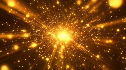 Obraz premium An explosion of golden light particles bursts outward, symbolizing energy, vitality, and dramatic impact, surrounded by a captivating aura of radiant luminescence.