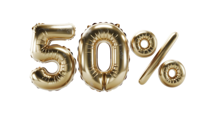 Golden shiny 50% is in the shape of balloon isolated white background