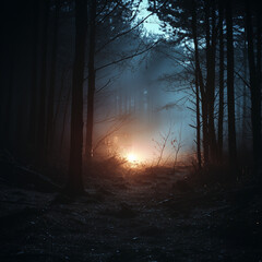 A warm and inviting light illuminates the dense misty forest as night approaches, casting a serene and magical glow that envelopes the surrounding landscape in warmth.