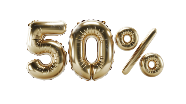 Golden shiny 50% is in the shape of balloon isolated white background