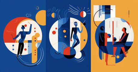 A vibrant abstract illustration featuring figures in dynamic poses, surrounded by geometric shapes and colorful elements.
