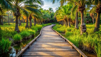 Obraz premium wooden path through swamp with palm trees in background